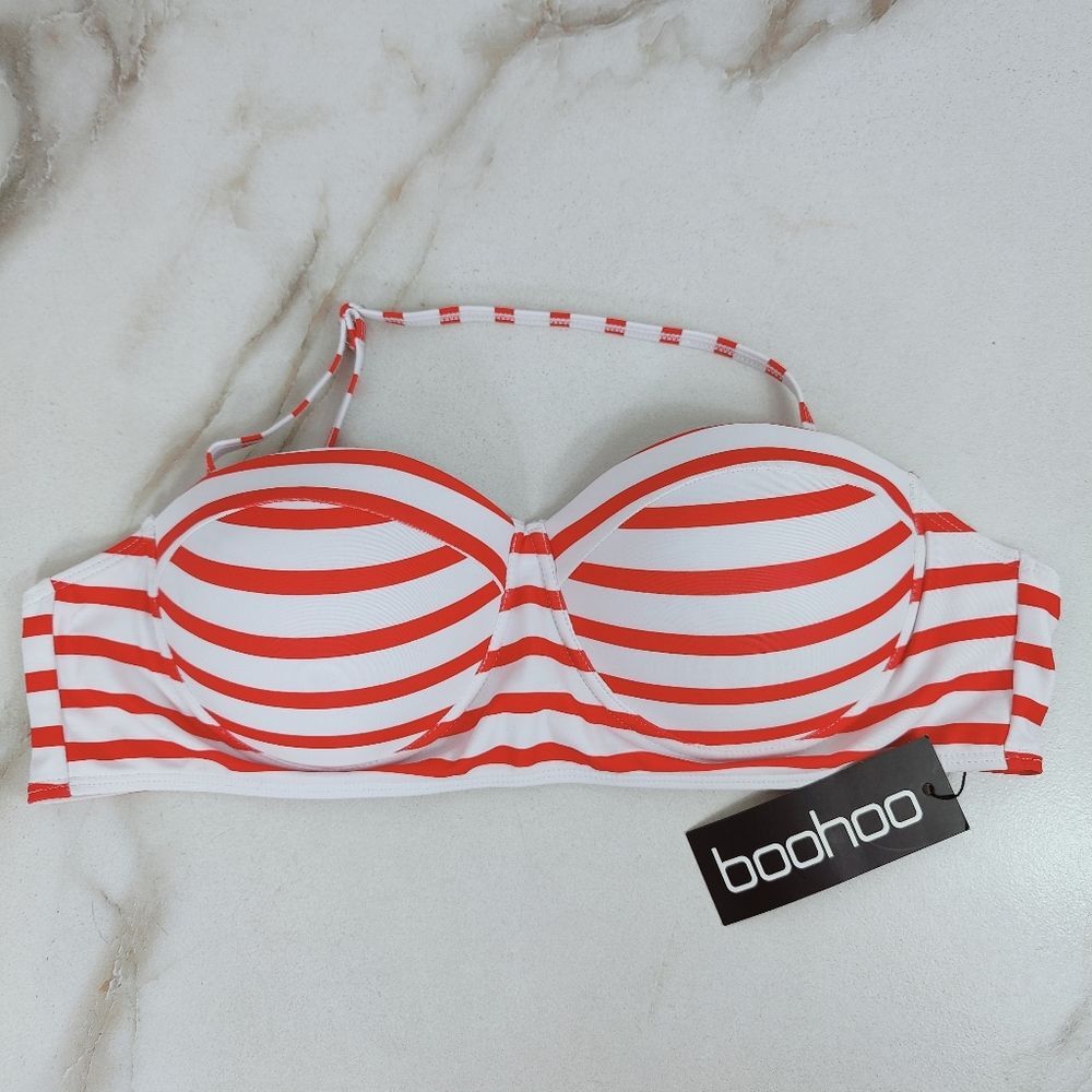 NWT Boohoo Plus Red White Nautical Stripe Bandeau Push Up Bikini Top, 12